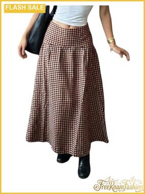 Plaid Maxi Skirt Gingham Drop Waist High Waisted Long Skirt for Women